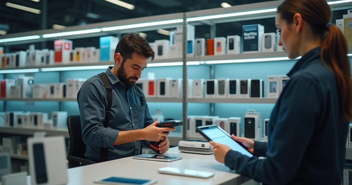 Estoque de loja de celular com prateleiras organizadas e leitor de código de barras
