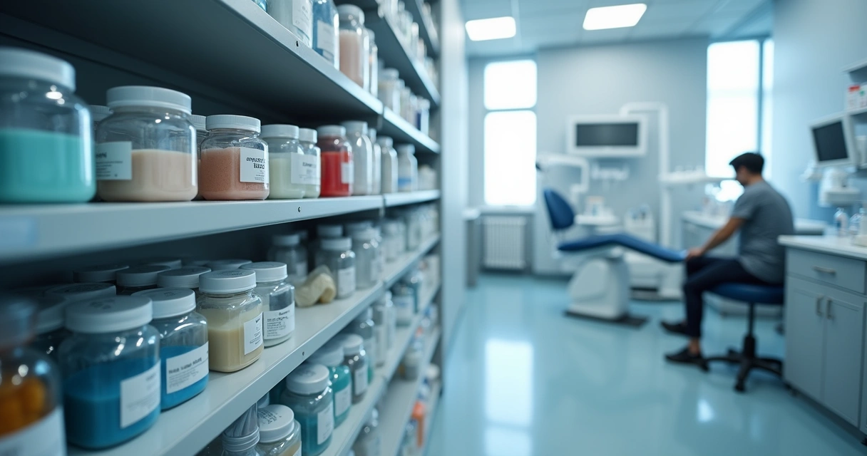 Prateleira com materiais odontológicos organizados por categoria