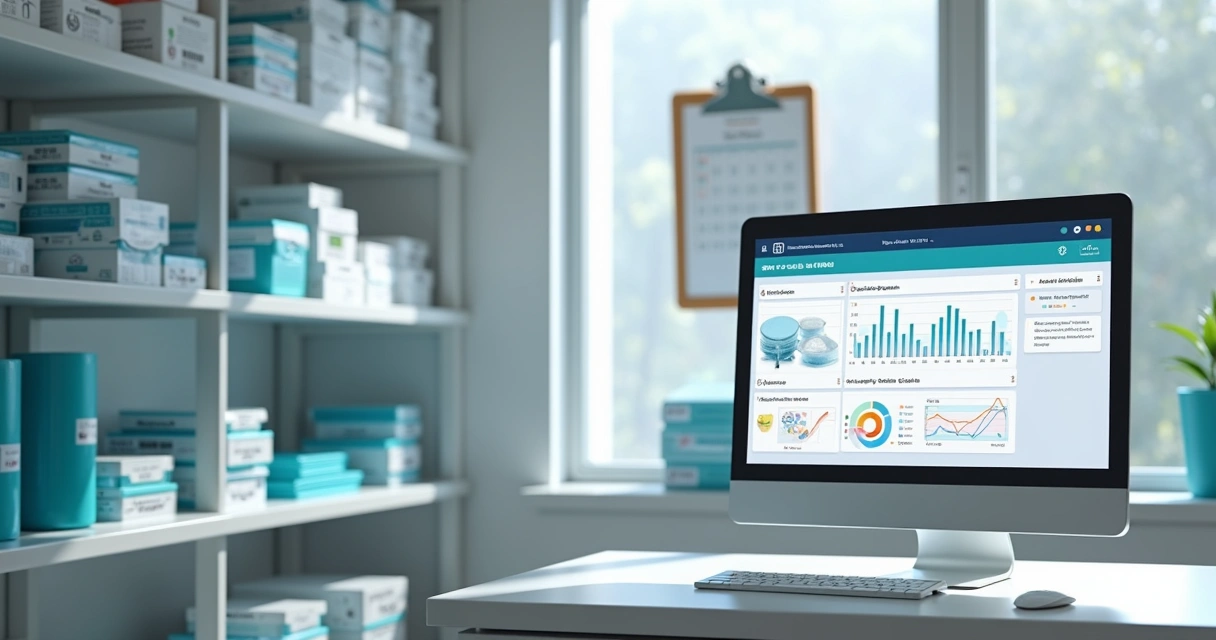 Estoque organizado de suprimentos odontológicos em prateleiras de clínica com computador exibindo sistema de gestão 