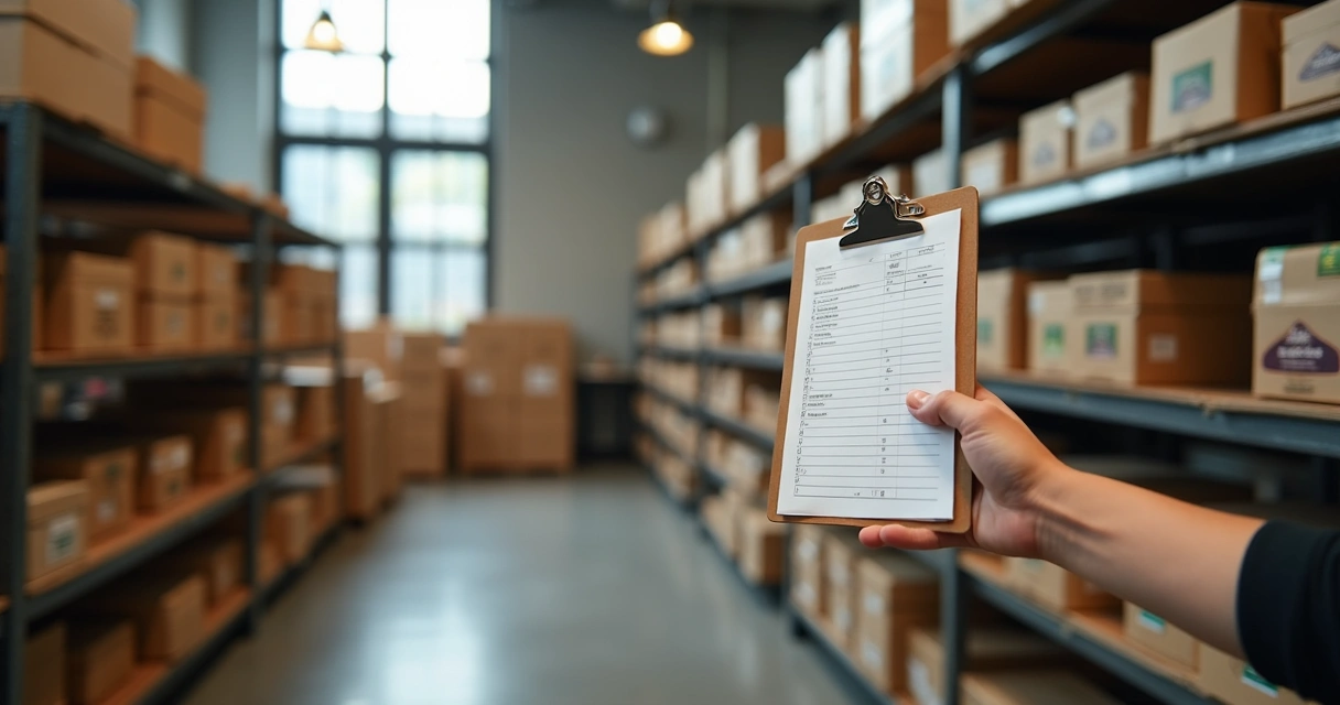 Pessoa conferindo inventário de cozinha com lista de insumos, caixas empilhadas e prateleiras de alimentos. 