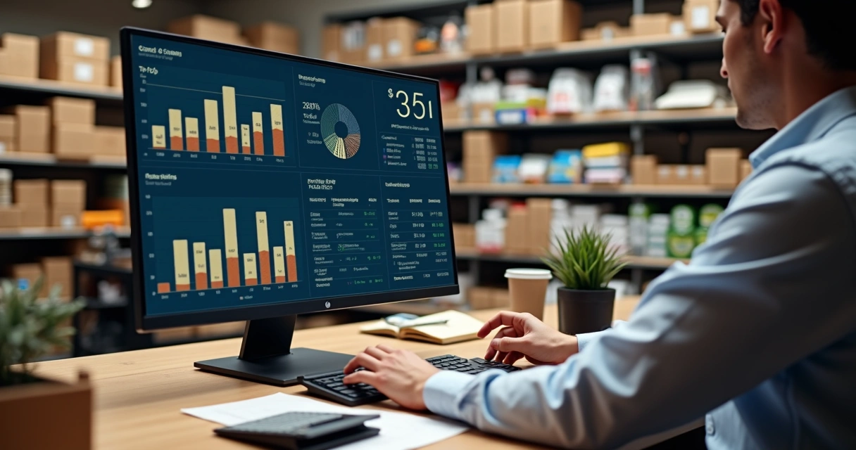Pessoa calculando números em tela de computador, pilha de caixas e produtos ao fundo 
