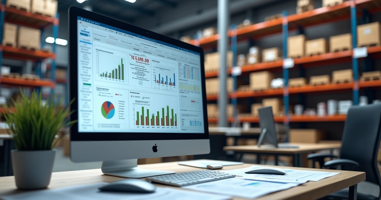 Computador com tela exibindo relatórios detalhados de controle de estoque em ambiente de escritório moderno 