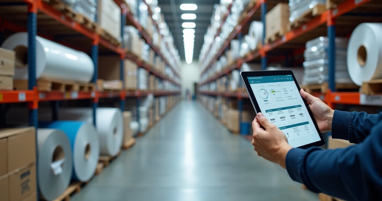 Prateleiras organizadas com materiais para comunicação visual e tablet de controle 