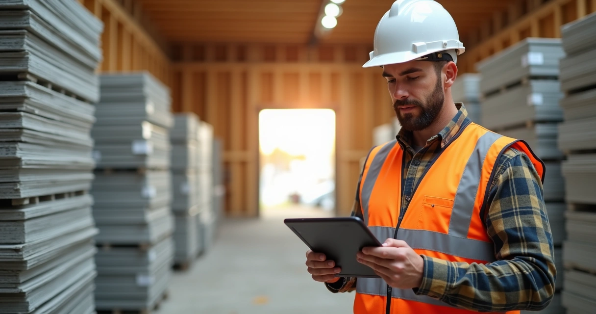Responsável verificando estoques no canteiro de obras