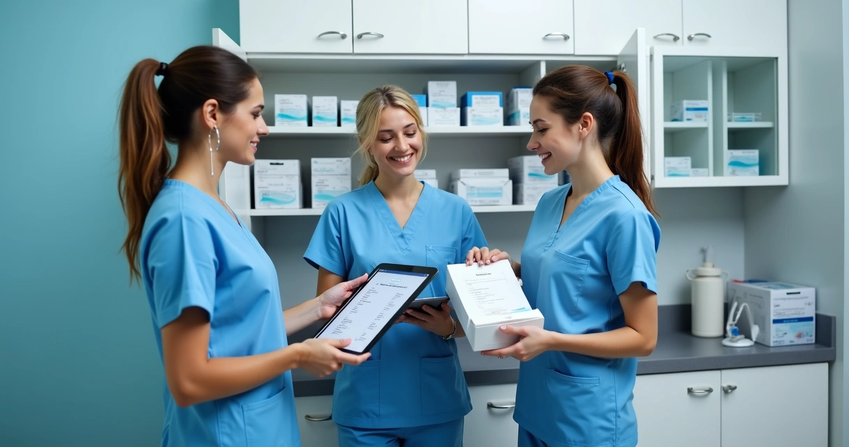 Equipe de consultório revisando material de estoque 