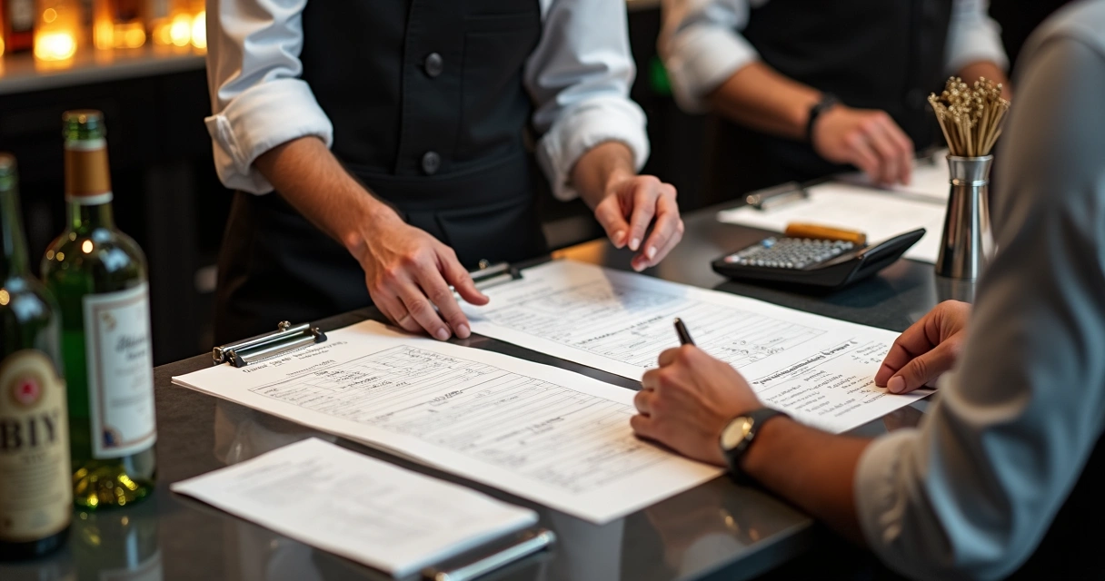 Controle de estoque com garrafas, fichas, calculadora e utensílios de bar organizados sobre balcão 