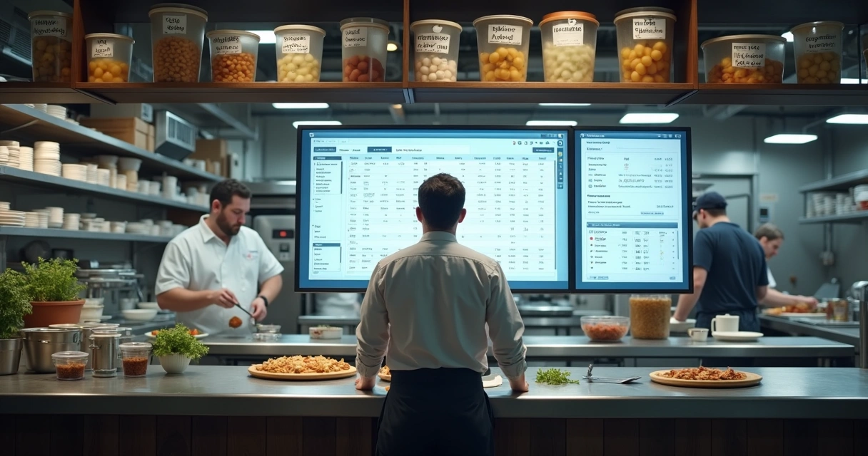 Gestor em frente a computador analisando controle de insumos de restaurante 