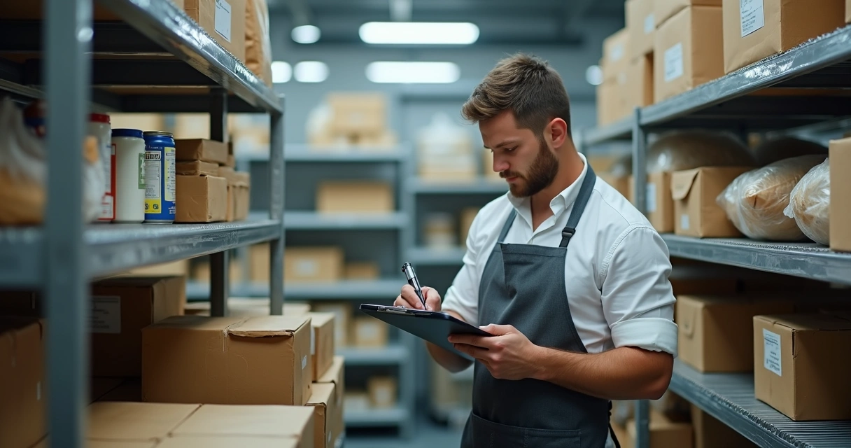 Funcionário registrando estoque em prancheta diante de prateleiras 