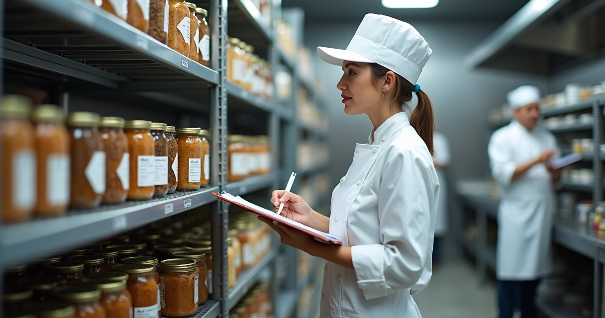 Cozinheiro analisando estoque de alimentos em prateleiras de restaurante 