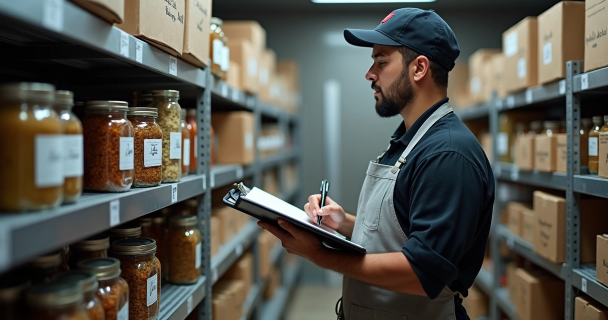 Funcionário conferindo estoque de ingredientes em prateleiras de cozinha 