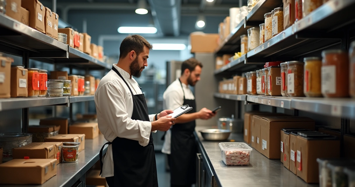 Chef confere prateleiras de ingredientes em cozinha de restaurante 
