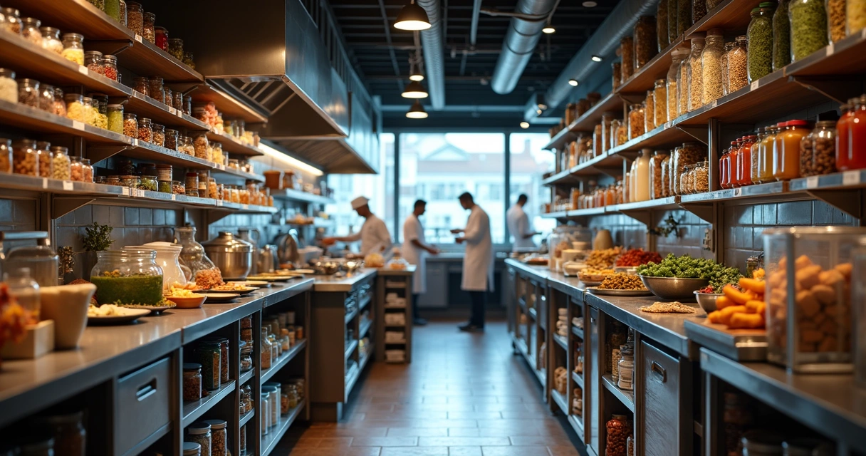 Cozinha de bar com prateleiras organizadas e estoque visível 