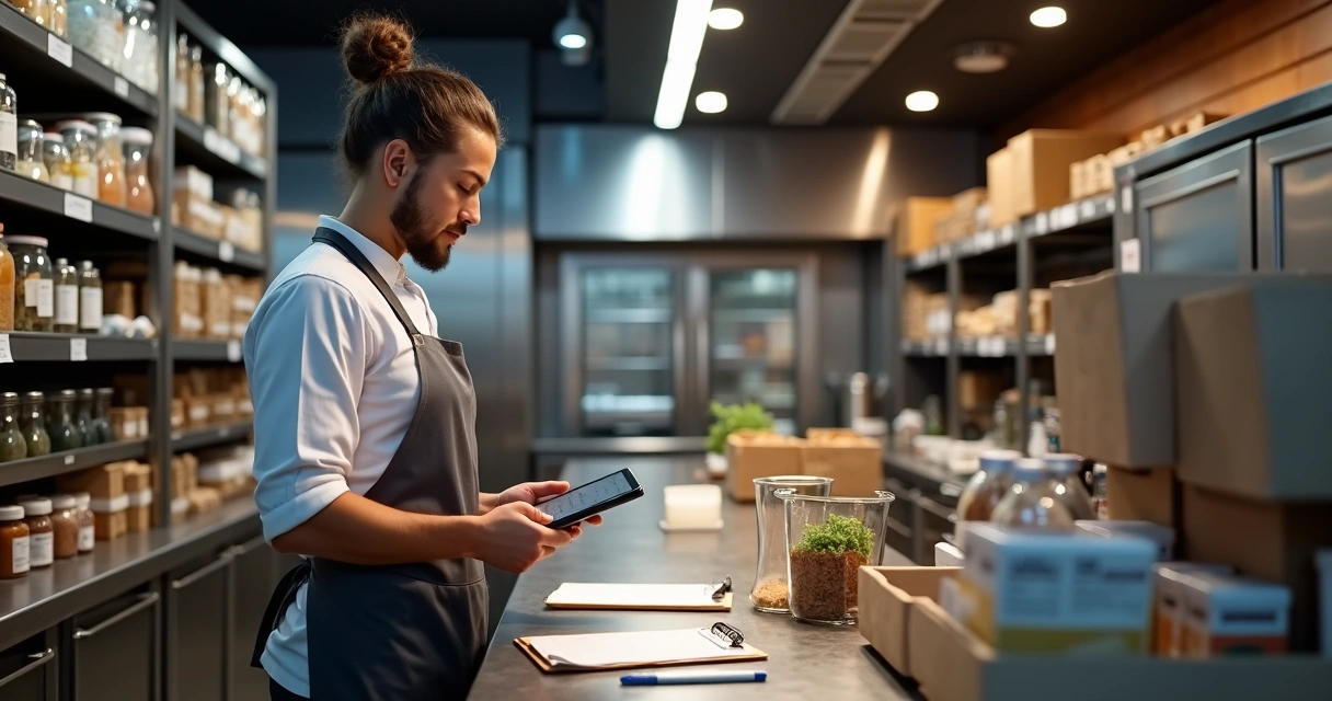 Gestor conferindo estoque da cozinha em tablet 