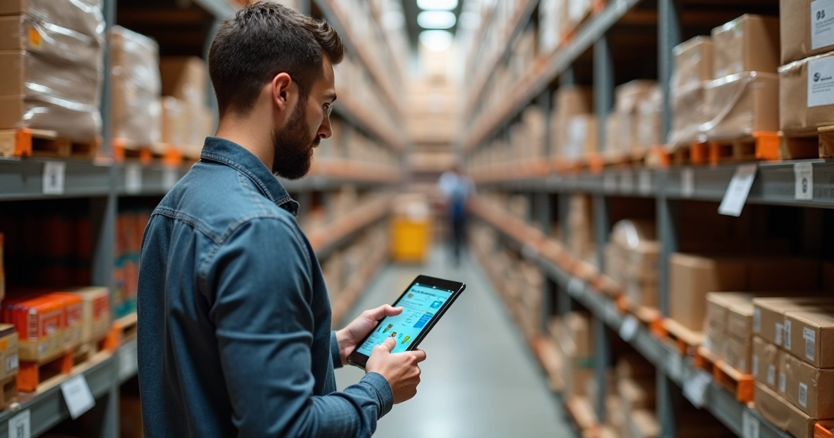 Gestor de delivery conferindo estoque em prateleiras e utilizando tablet 