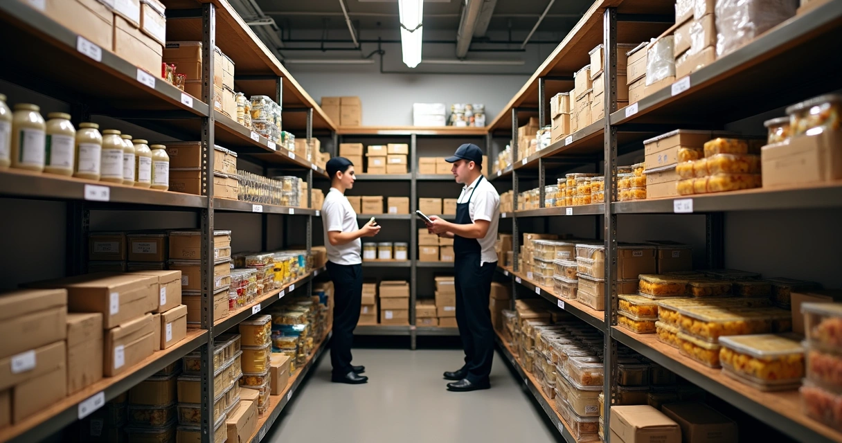 Estoque organizado com alimentos e etiquetas de validade visíveis 