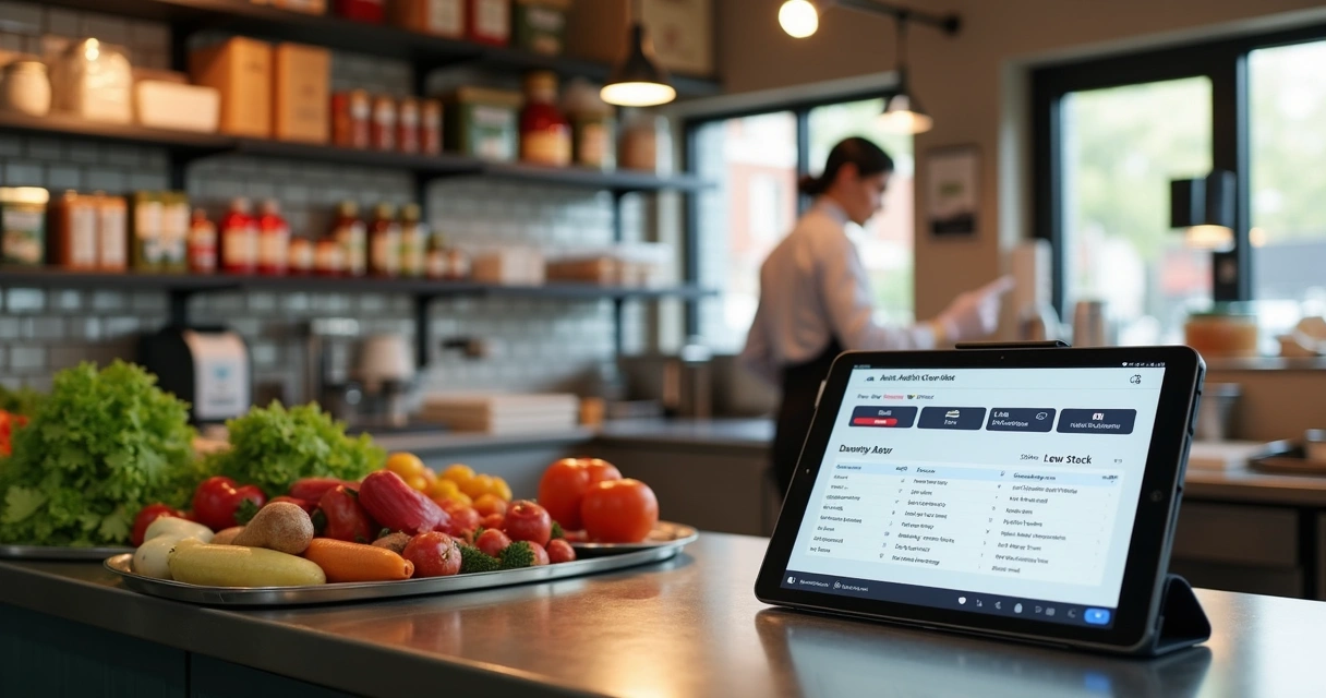 Mesa com prateleiras organizadas de ingredientes para delivery com tablet mostrando sistema de controle de estoque digital 