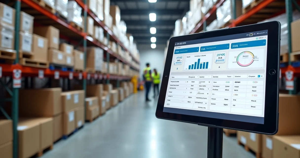 Gestão digital de almoxarifado com painel organizando entradas e saídas