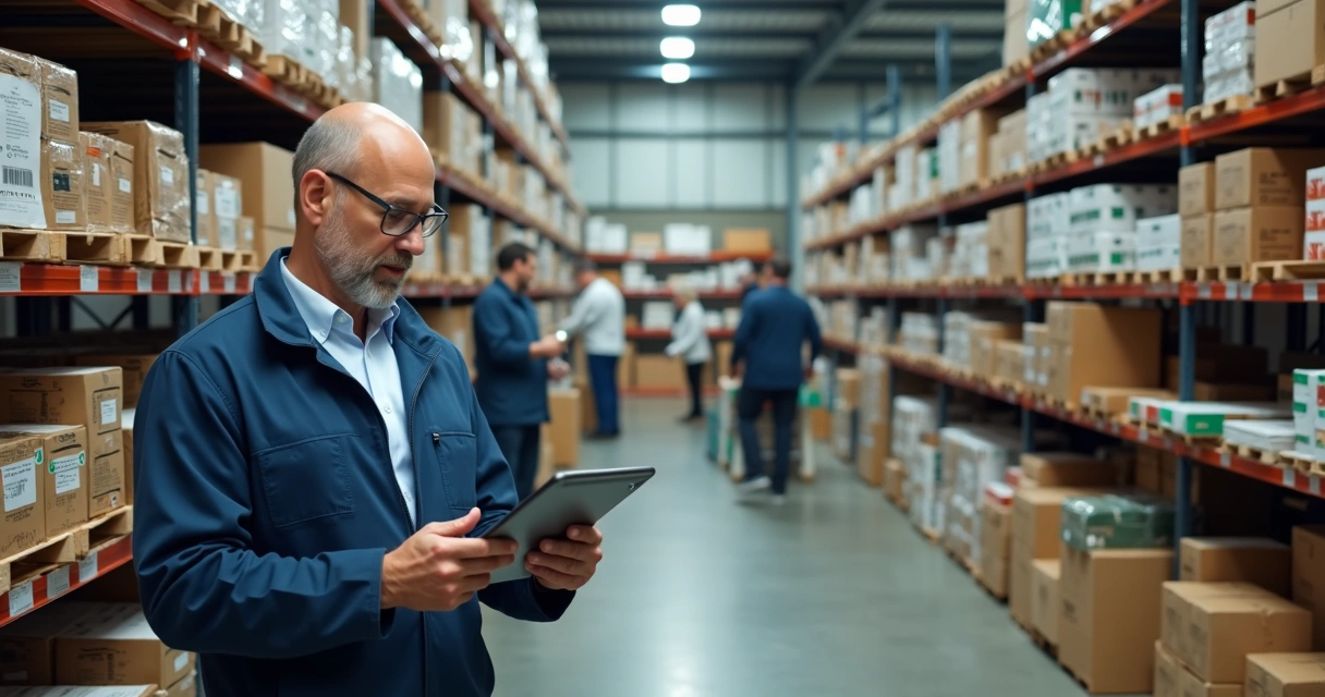 Gestor de fábrica usando tablet no estoque 