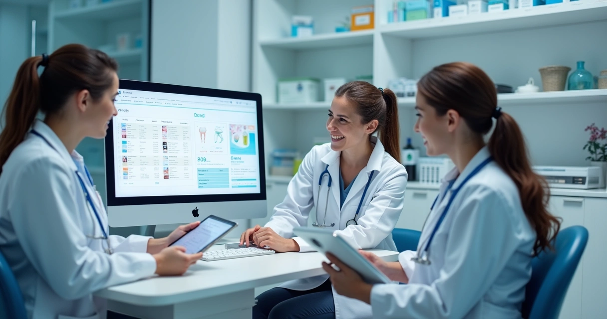 Equipe em clínica odontológica utilizando computador para controle digital de estoque 
