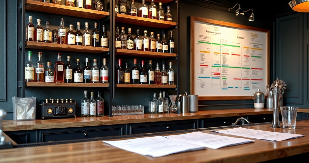 Controle de estoque de bar com fichas técnicas e garrafas organizadas 