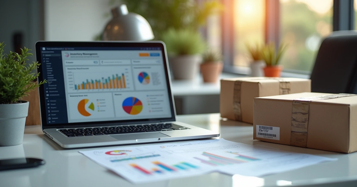Mesa de escritório com laptop aberto mostrando painel de controle de estoque, ao lado planilha com gráficos coloridos e uma caixa de produtos prontos para envio em ambiente iluminado 