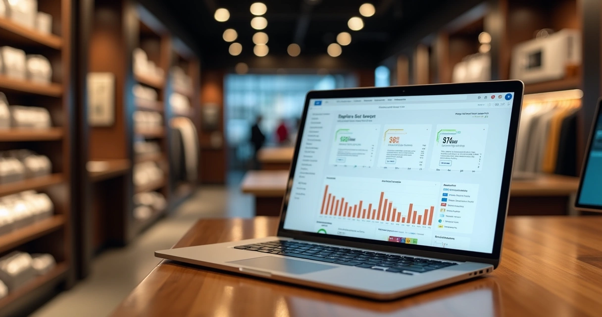 Loja física e computador com tela de sistema ERP integrando estoque em tempo real 