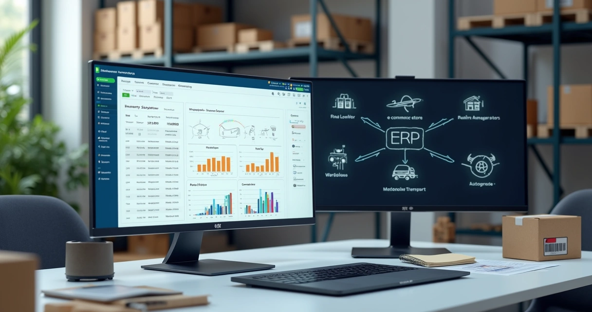Dashboard de controle de estoque integrado ao e-commerce em laptop sobre mesa de escritório 
