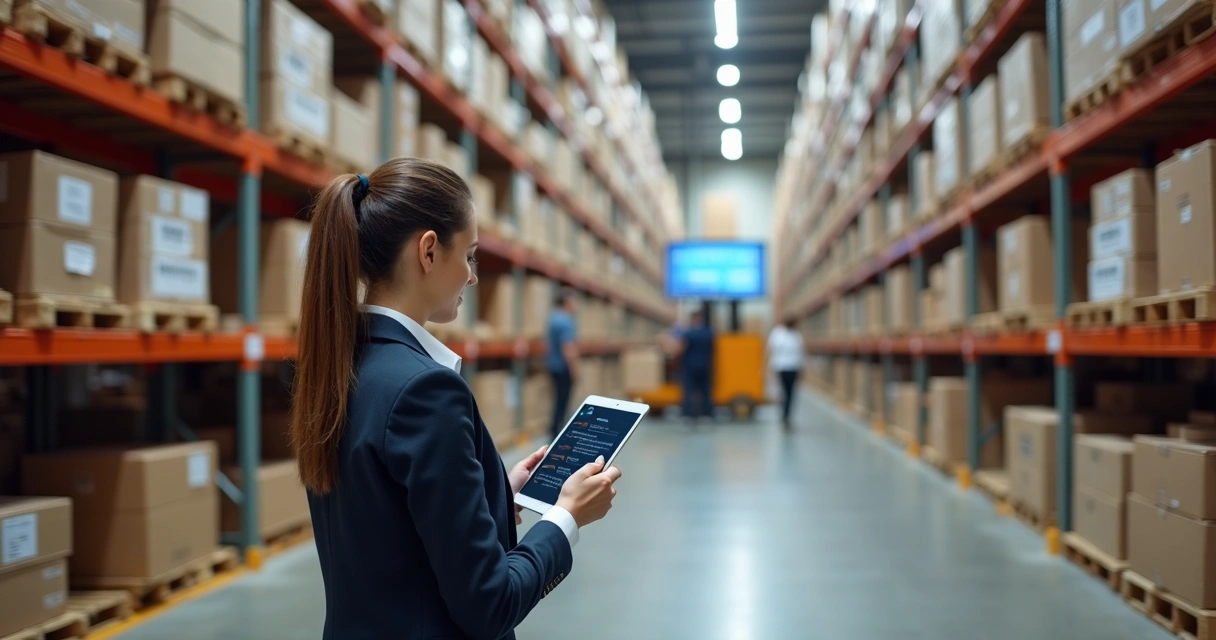 Gestora conferindo estoque com tablet em tempo real 