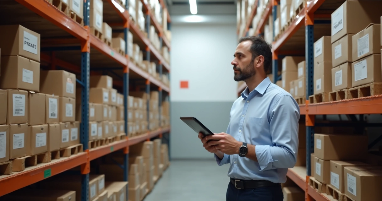 Pessoa segurando tablet em estoque de empresa, analisando produtos