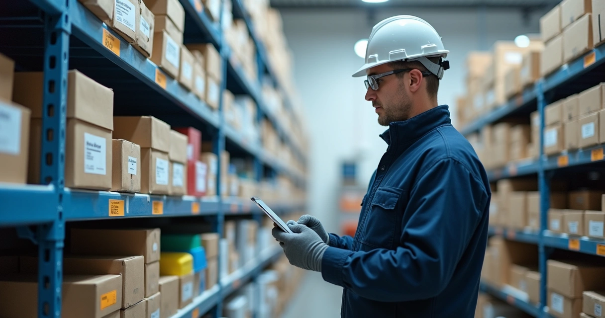 Profissional conferindo estoque de EPIs com tablets e prateleiras organizadas 