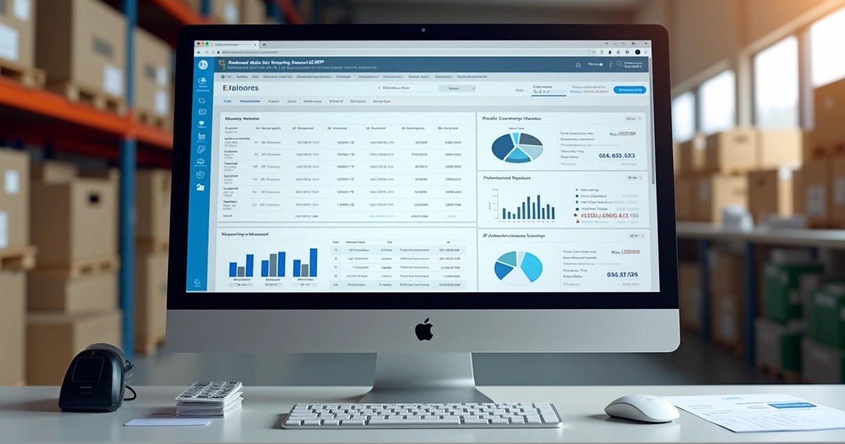 Tela de ERP com estoque e notas fiscais em operação 