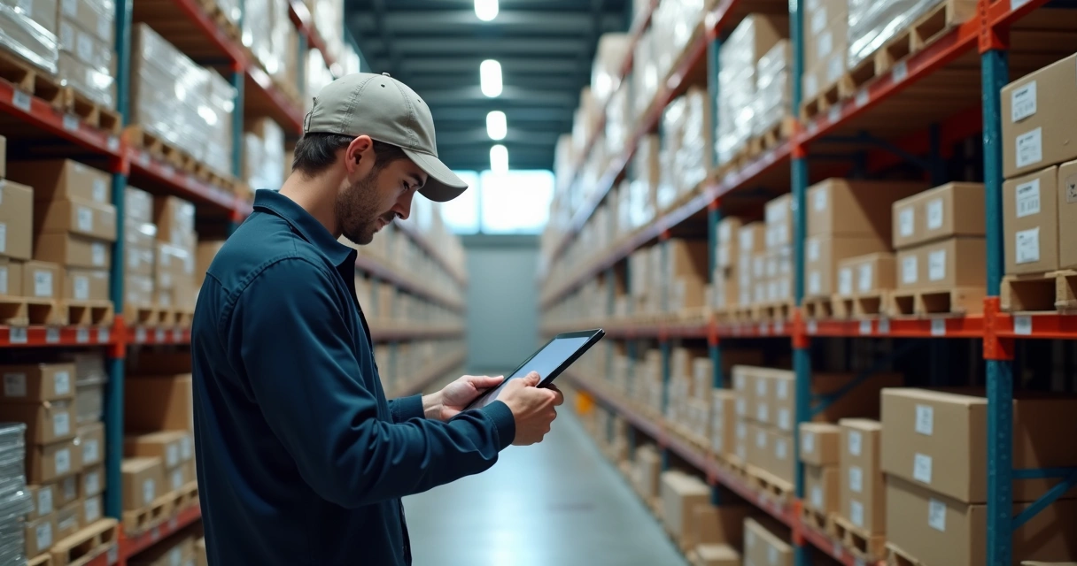 Pessoa conferindo estoque via tablet no depósito 