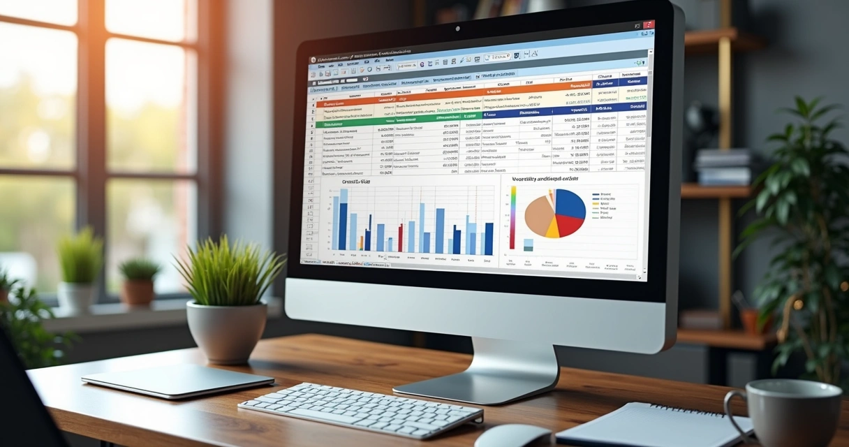 Tela de computador exibindo planilha no Excel com controle de estoque, gráficos coloridos e tabelas organizadas 