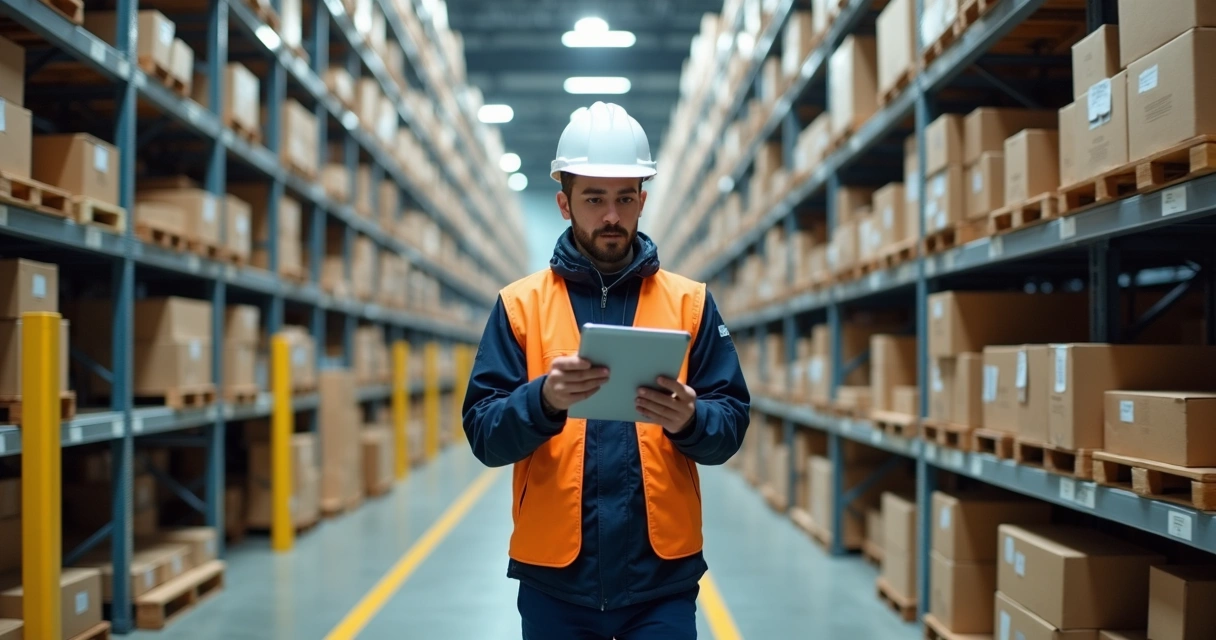 Gestor conferindo estoque com tablet em prateleiras industriais 