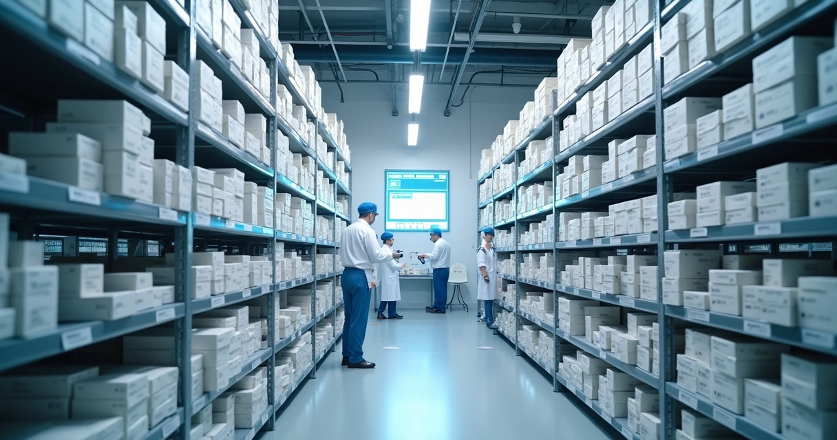 Prateleiras com caixas de medicamentos etiquetadas em um galpão farmacêutico 