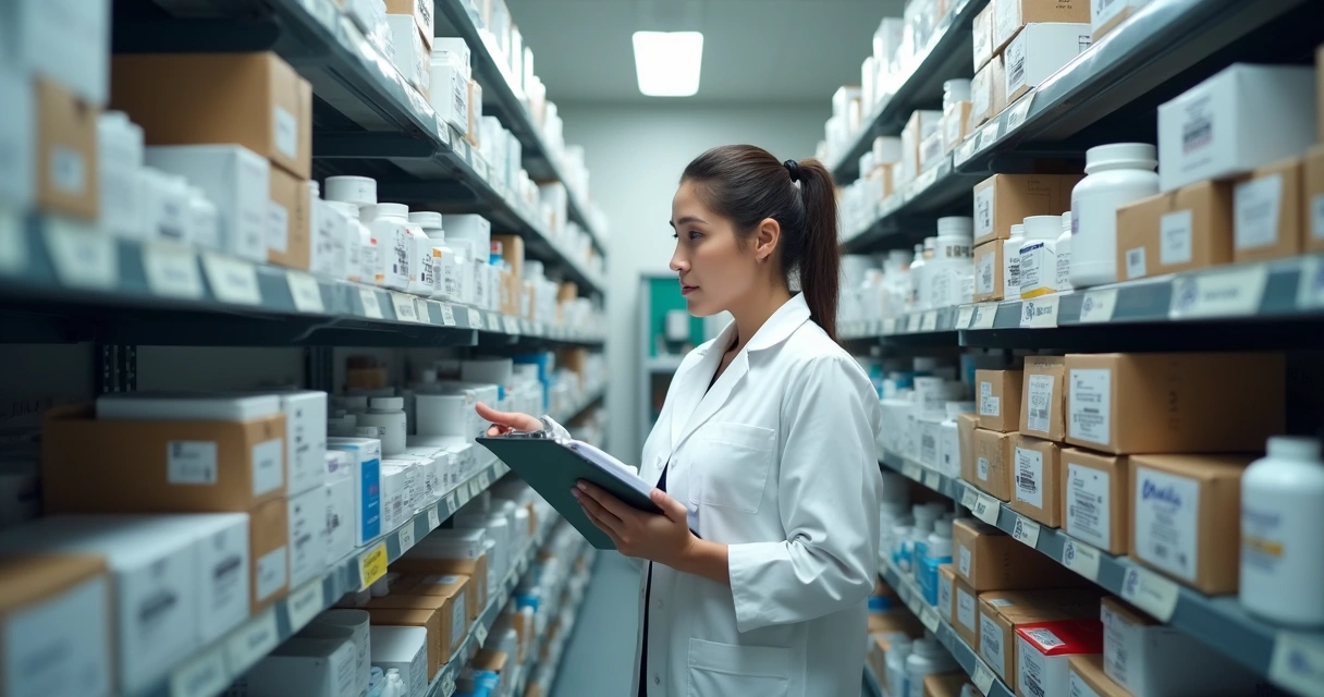 Organização de estoque com prateleiras e caixas identificadas