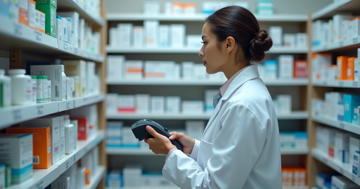 Farmacêutico fazendo inventário de prateleiras na farmácia 