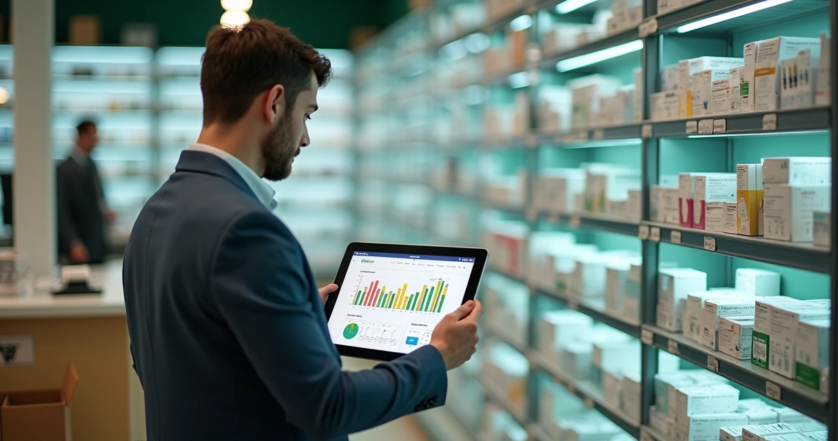 Gestor de farmácia usando tablet para analisar prateleiras de medicamentos 