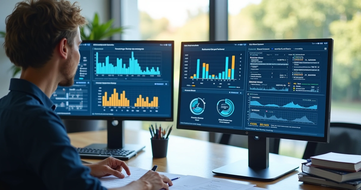 Gestor analisando estoque e financeiro em relatórios digitais 