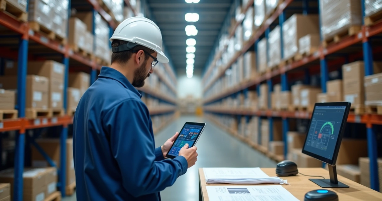 Gestor verificando estoque e relatórios em centro de distribuição 