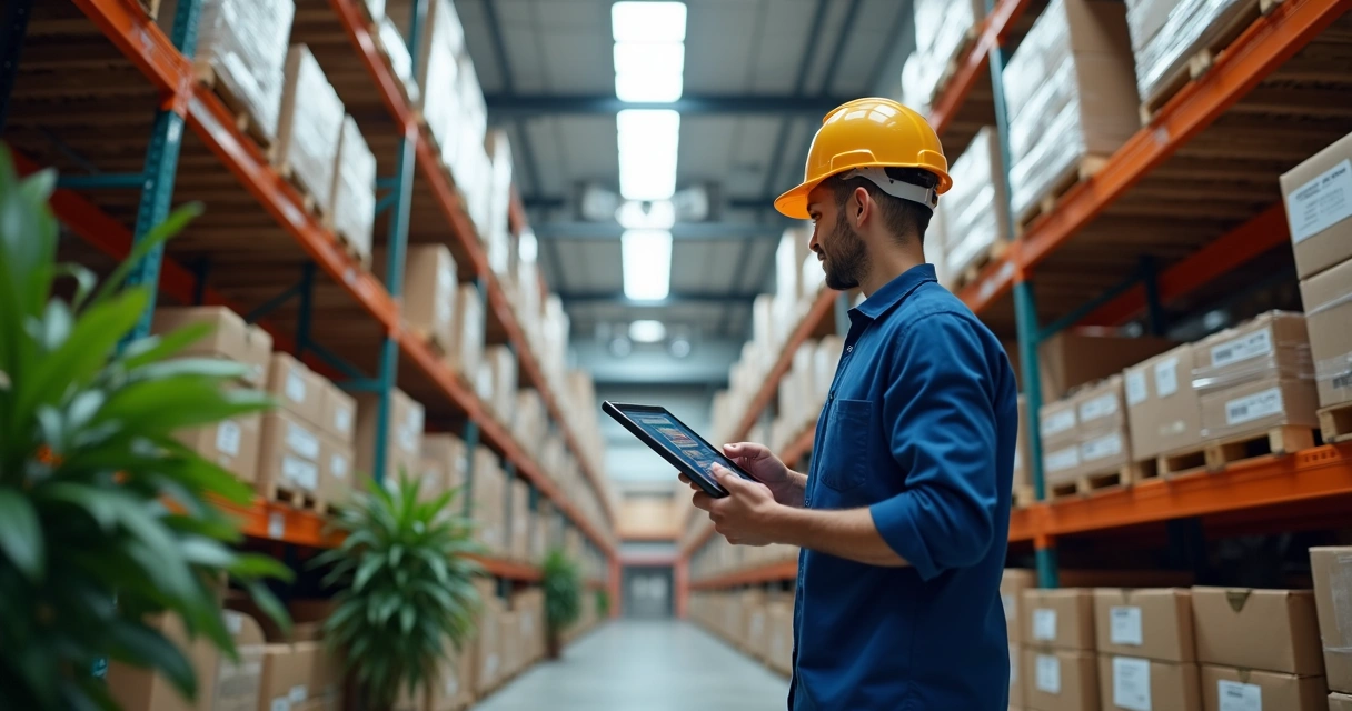 Prateleiras de estoque industrial com etiquetas e sistema digital 