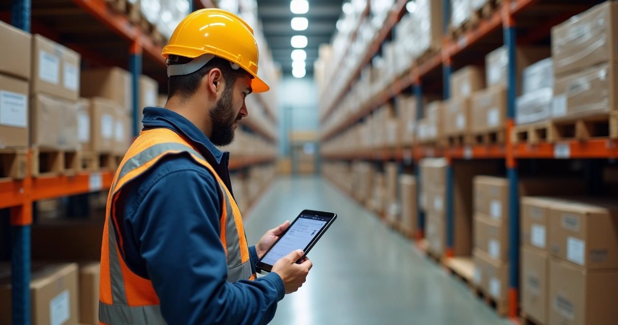 Operador industrial usando tablet para controle de estoque 