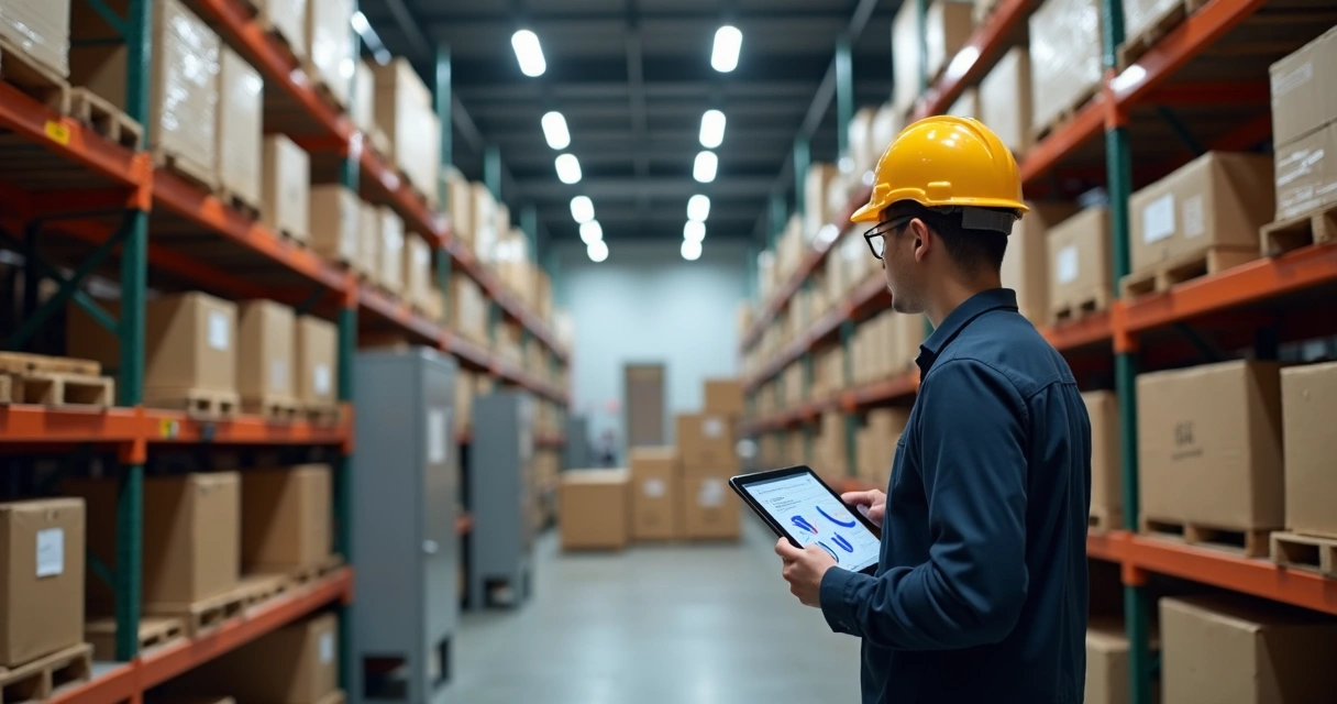 Visão ampla de fábrica moderna com prateleiras e gestor analisando estoque em tela digital 