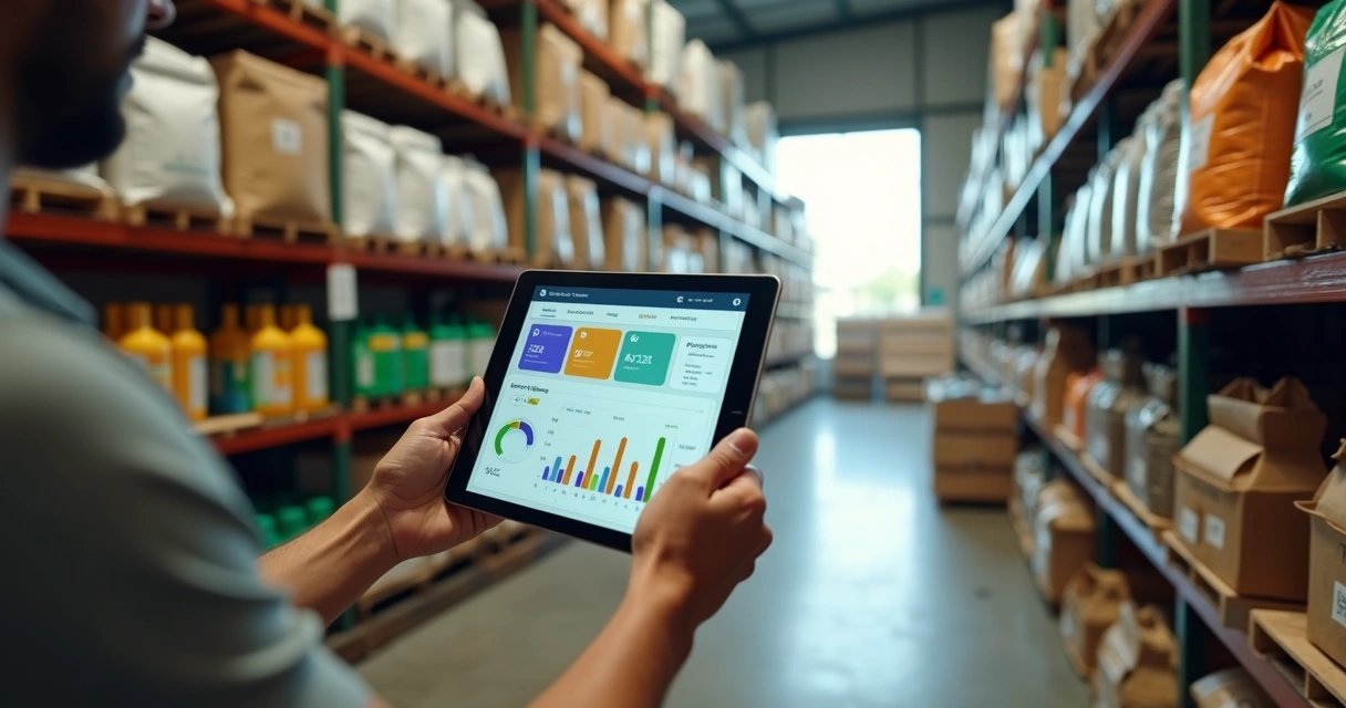 Tablet com estoque de insumos em galpão agrícola 