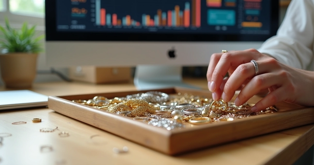 Joias organizadas em bandeja de exposição e sistema de gestão ao fundo 
