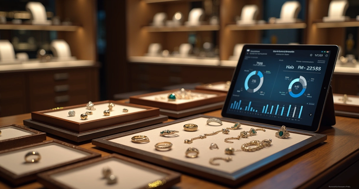 Mesa organizada com joias finas em caixas numeradas e sistema digital exibindo controle de estoque 