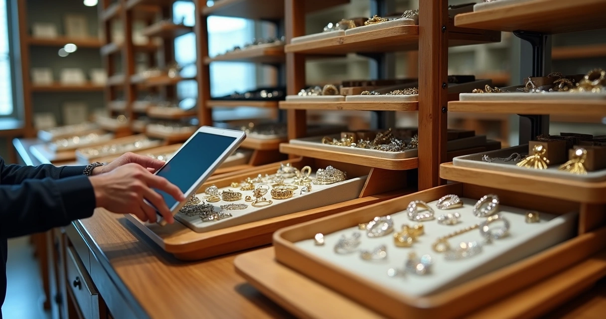 Joalheiro conferindo estoque organizado de joias em prateleiras 