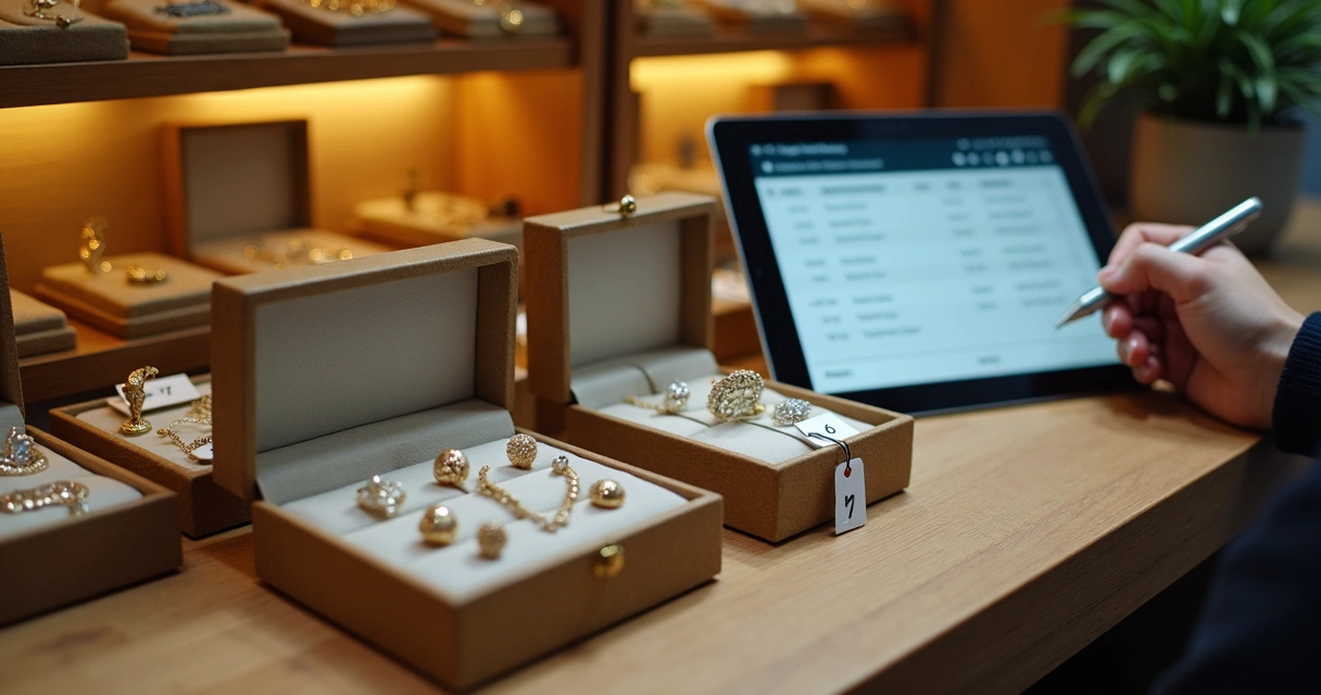 Joias organizadas em caixas, acompanhadas por planilhas e etiquetas numeradas. 