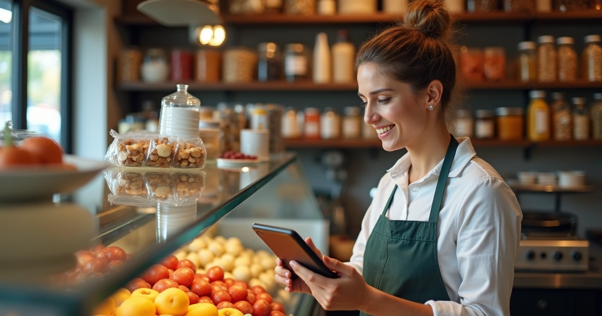 Dono de lanchonete conferindo estoque pelo tablet ao lado de prateleira de ingredientes 