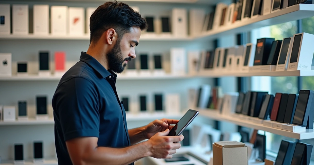 Gestor conferindo estoque de celulares com tablet 